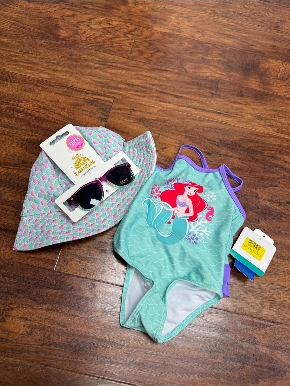 Source Unknown Light Blue One-Piece Swimsuit with Purple Trim and Ariel Graphic